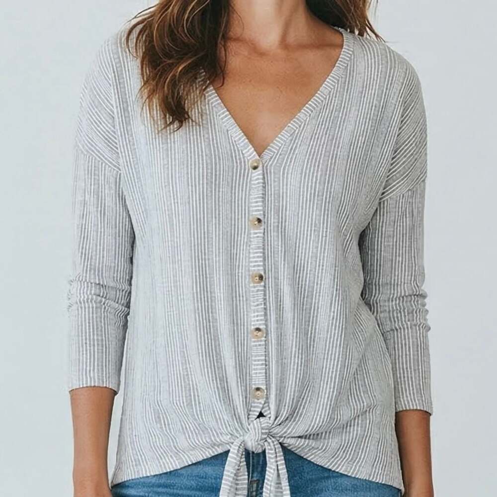 Hanger 55 Gray and White Striped Ribbed Knit Tie Front Button Up Top